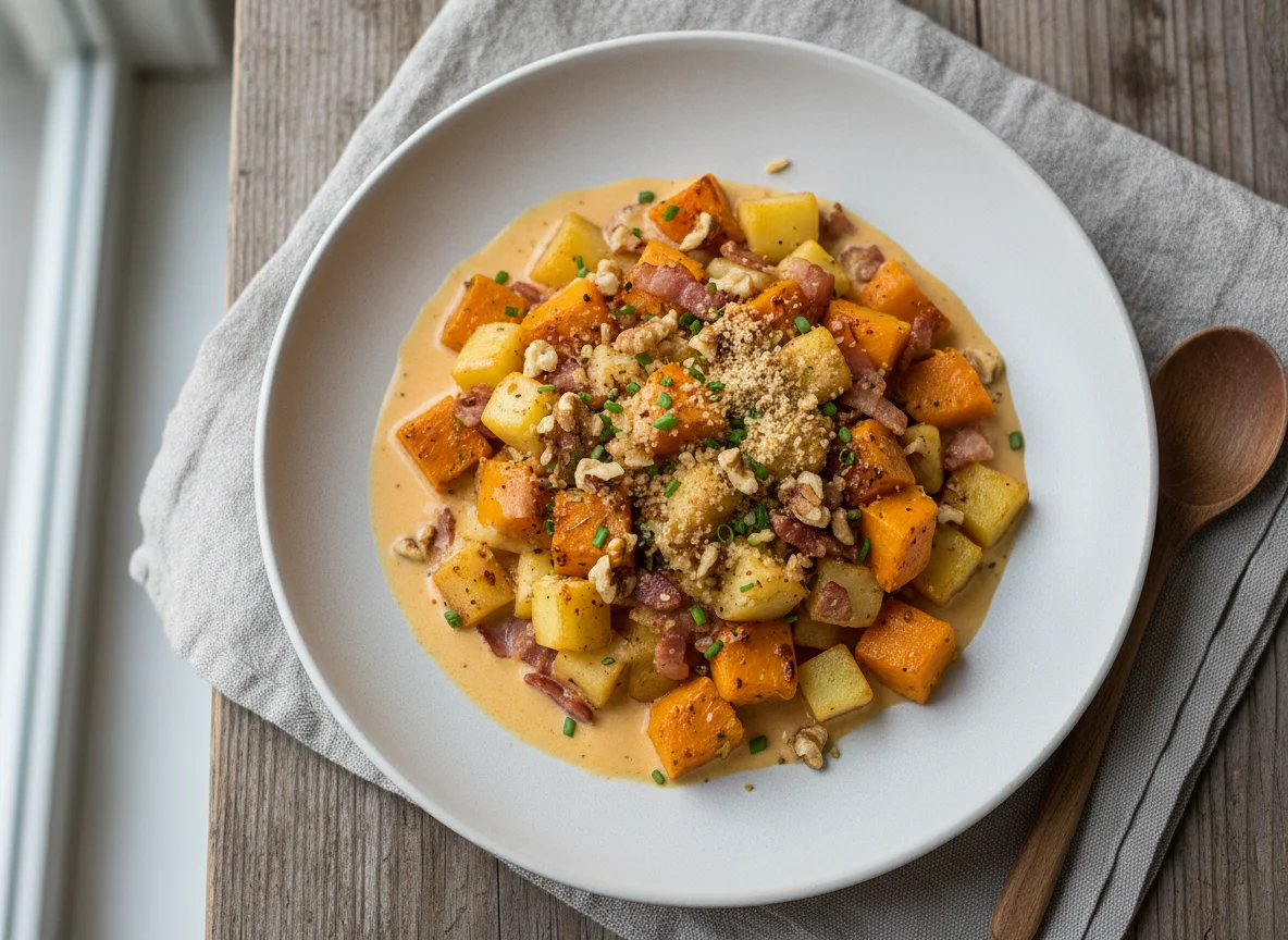 Kürbisgericht mit Speck und Kartoffeln photo