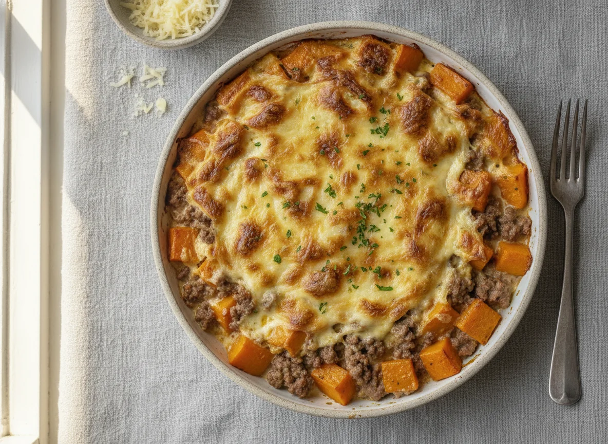 Kürbis-Hackfleisch-Auflauf mit Käse photo