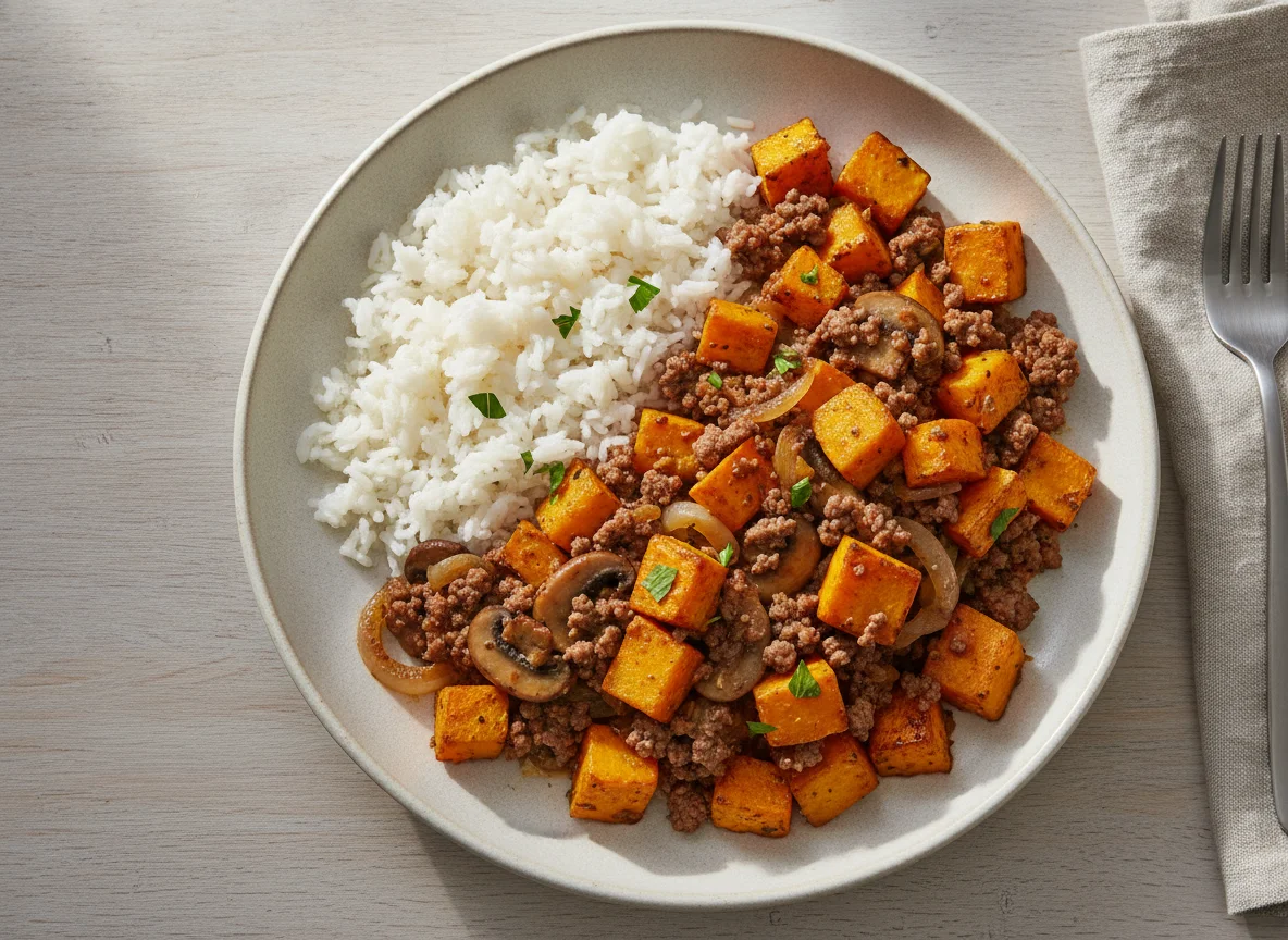 Kürbis-Hackfleisch-Pfanne mit Reis photo
