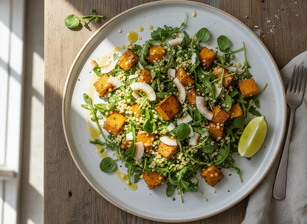 Kürbis-Hirse-Salat mit Rucola und Kokos photo