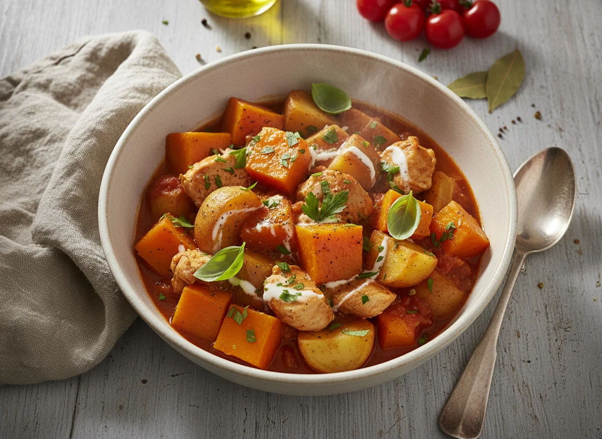 Kürbis-Kartoffel-Eintopf mit Poulet in Tomatensauce photo