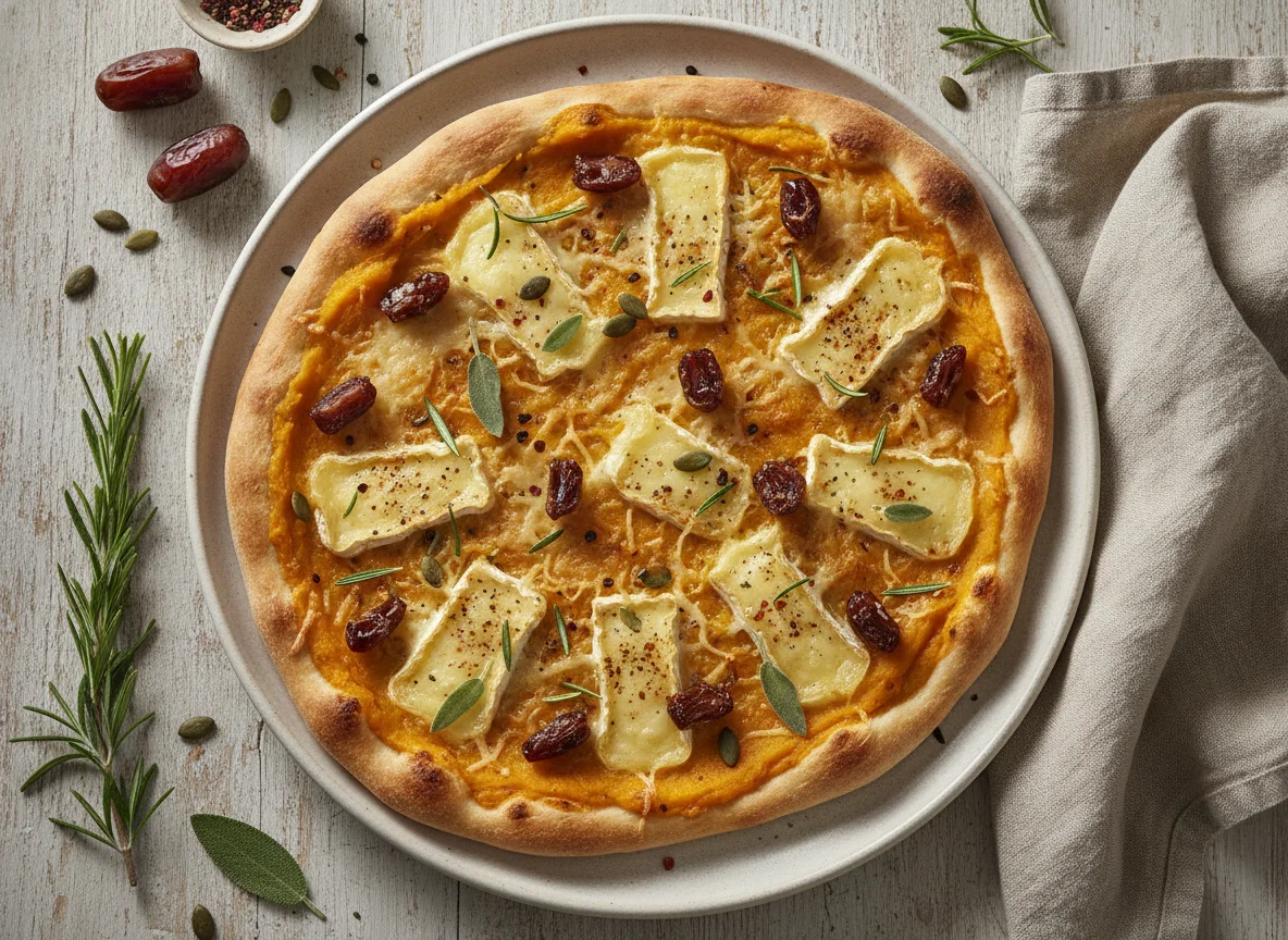Kürbis-Käse-Flammkuchen mit Datteln photo