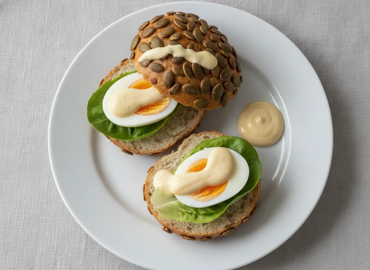 Kürbiskernbrötchen mit Ei photo