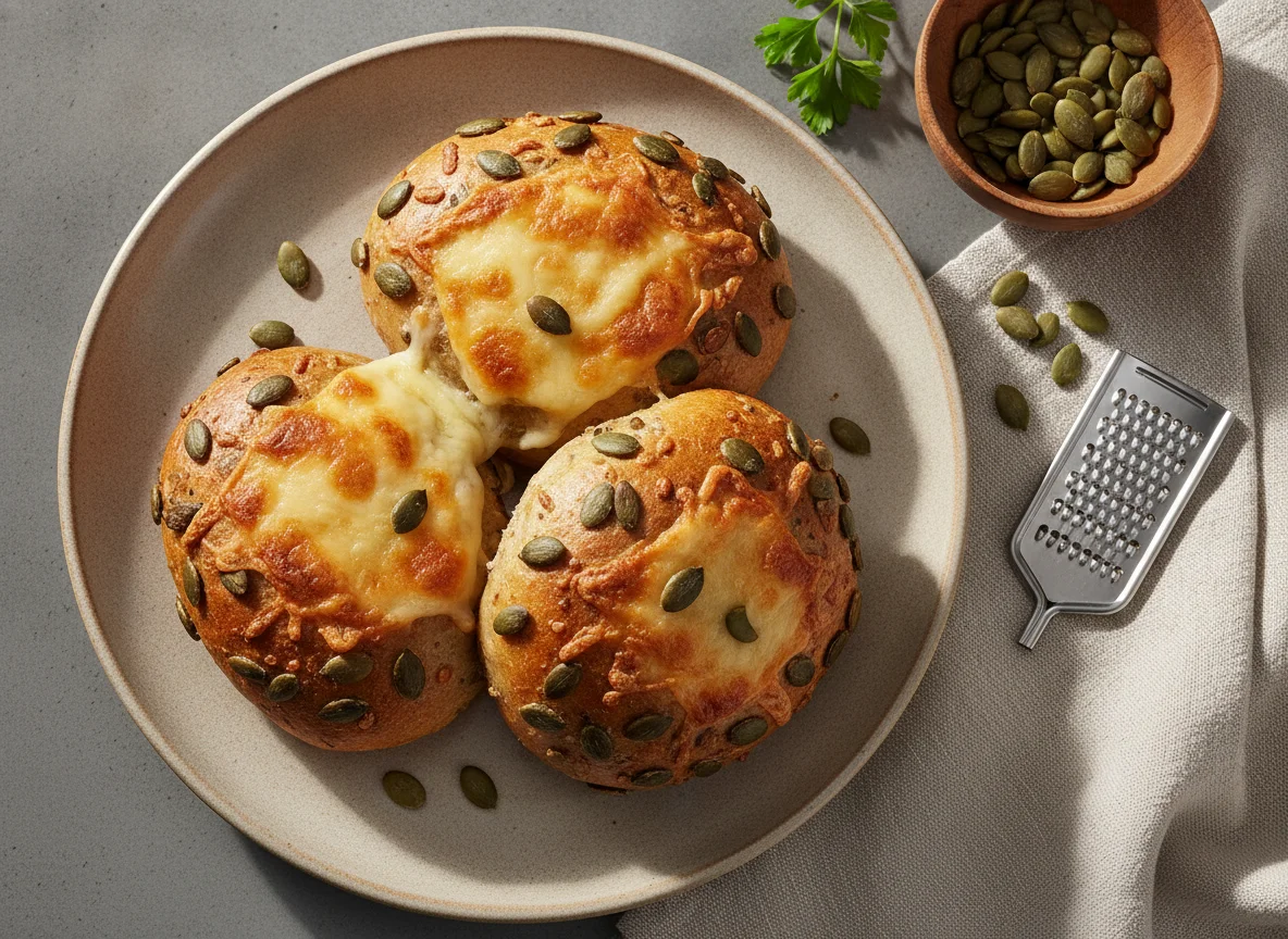 Kürbiskernbrötchen mit Käse überbacken photo