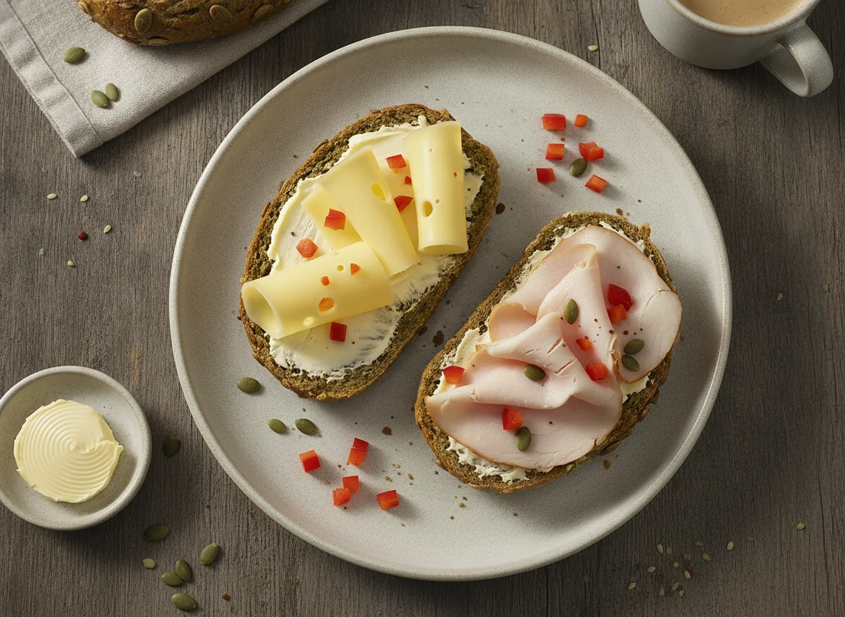 Kürbiskernbrötchen mit Käse und Putenbrust photo