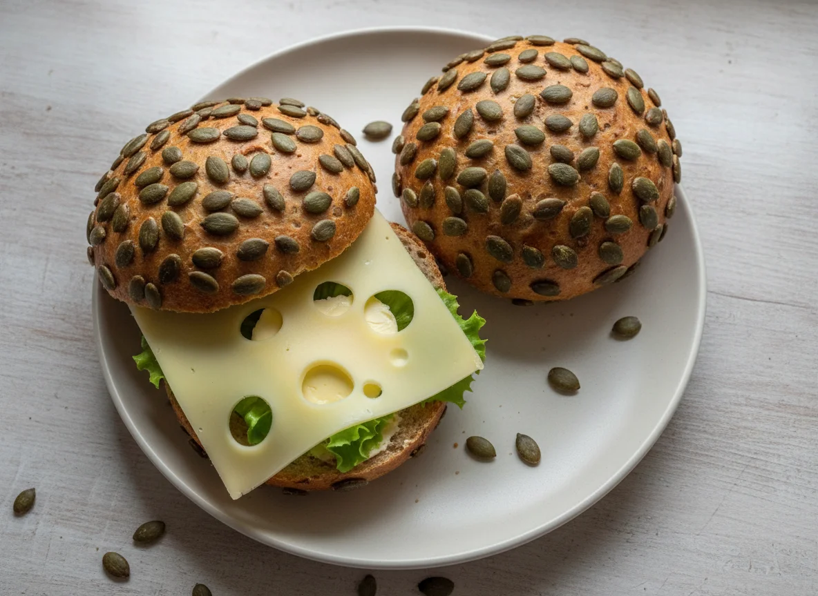 Kürbiskernbrötchen mit Käse und Salat photo
