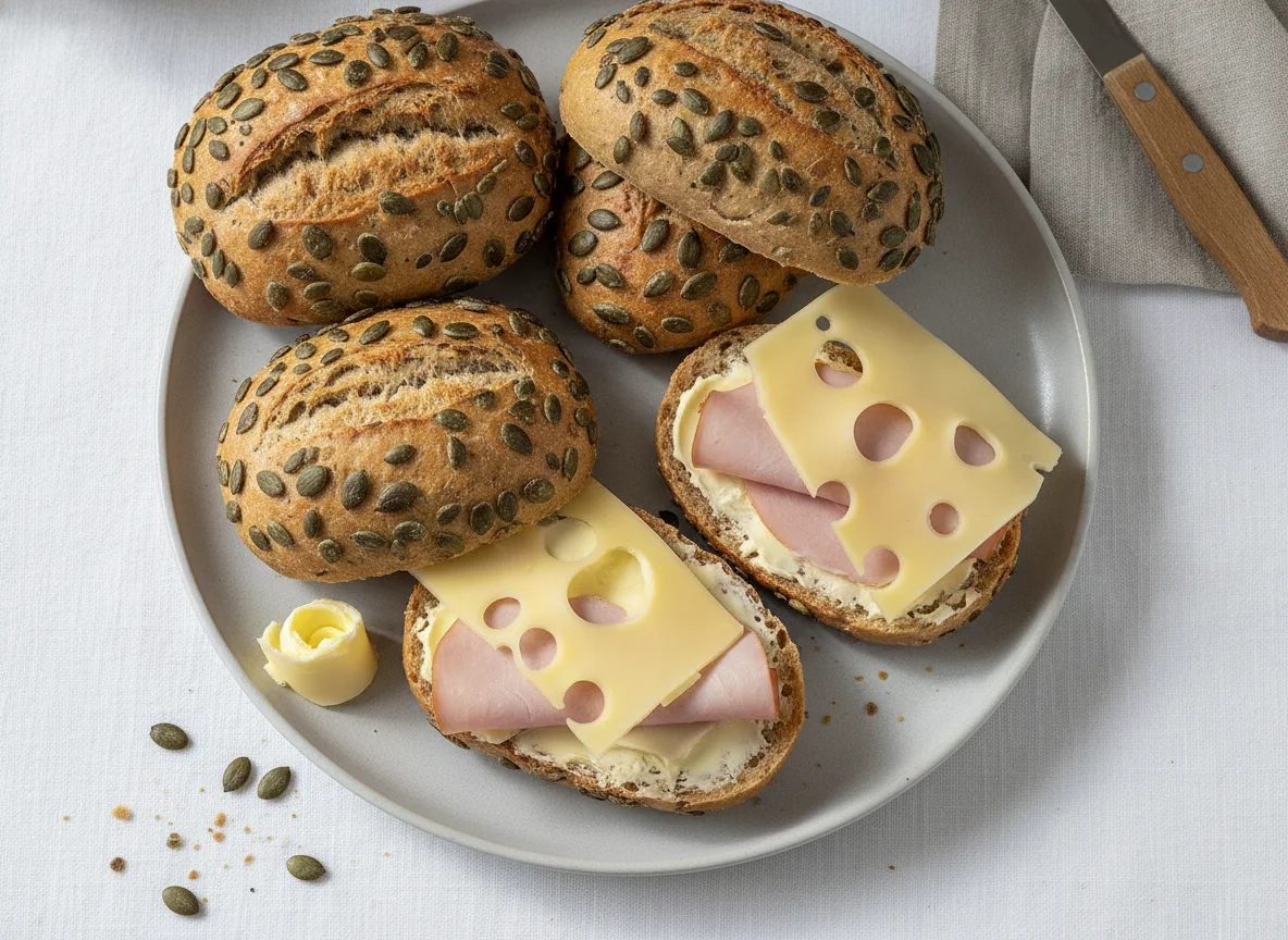 Kürbiskernbrötchen mit Käse und Schinken photo