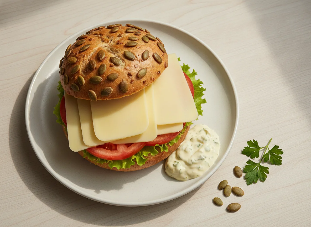 Kürbiskernbrötchen mit Käse und Tomate photo
