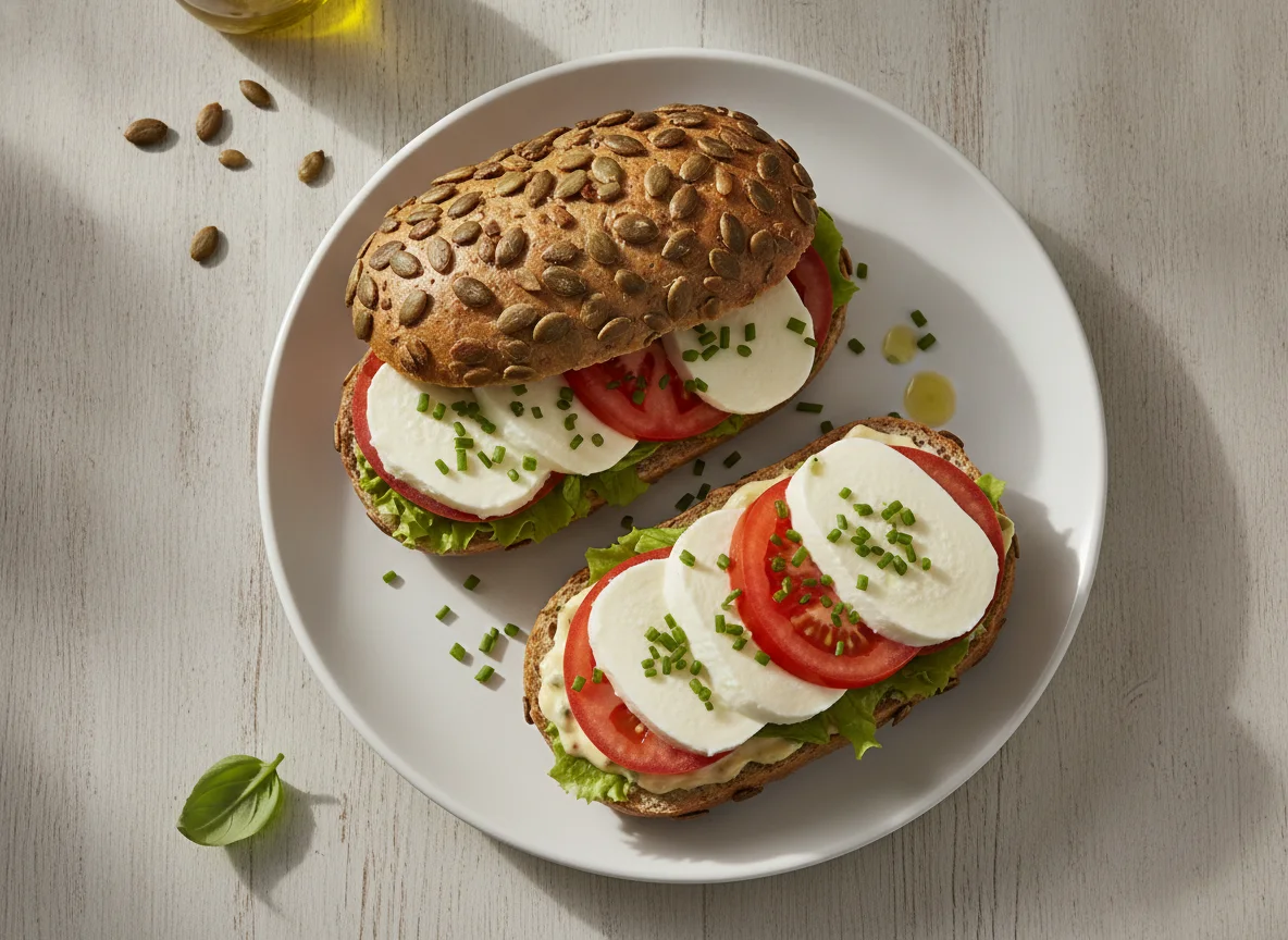 Kürbiskernbrötchen mit Mozzarella und Tomate photo