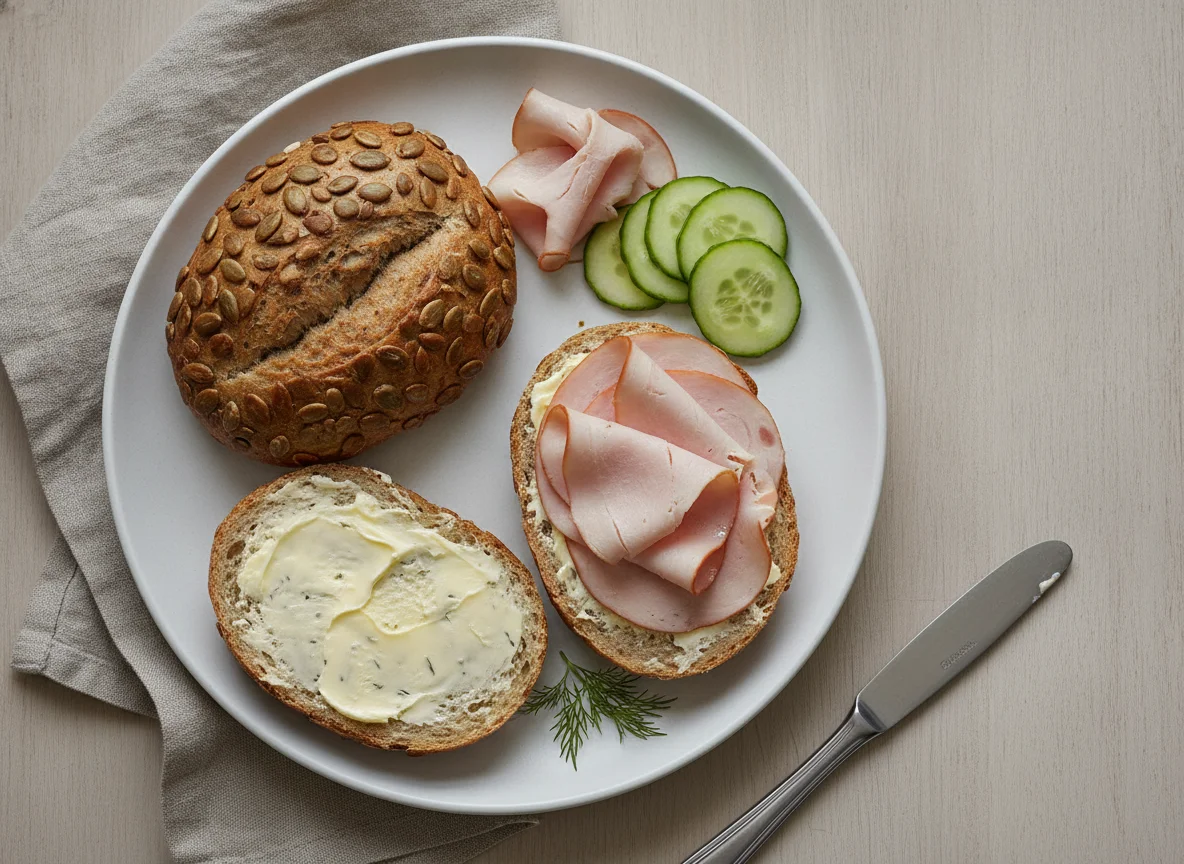 Kürbiskernbrötchen mit Putenbrust und Gurke photo