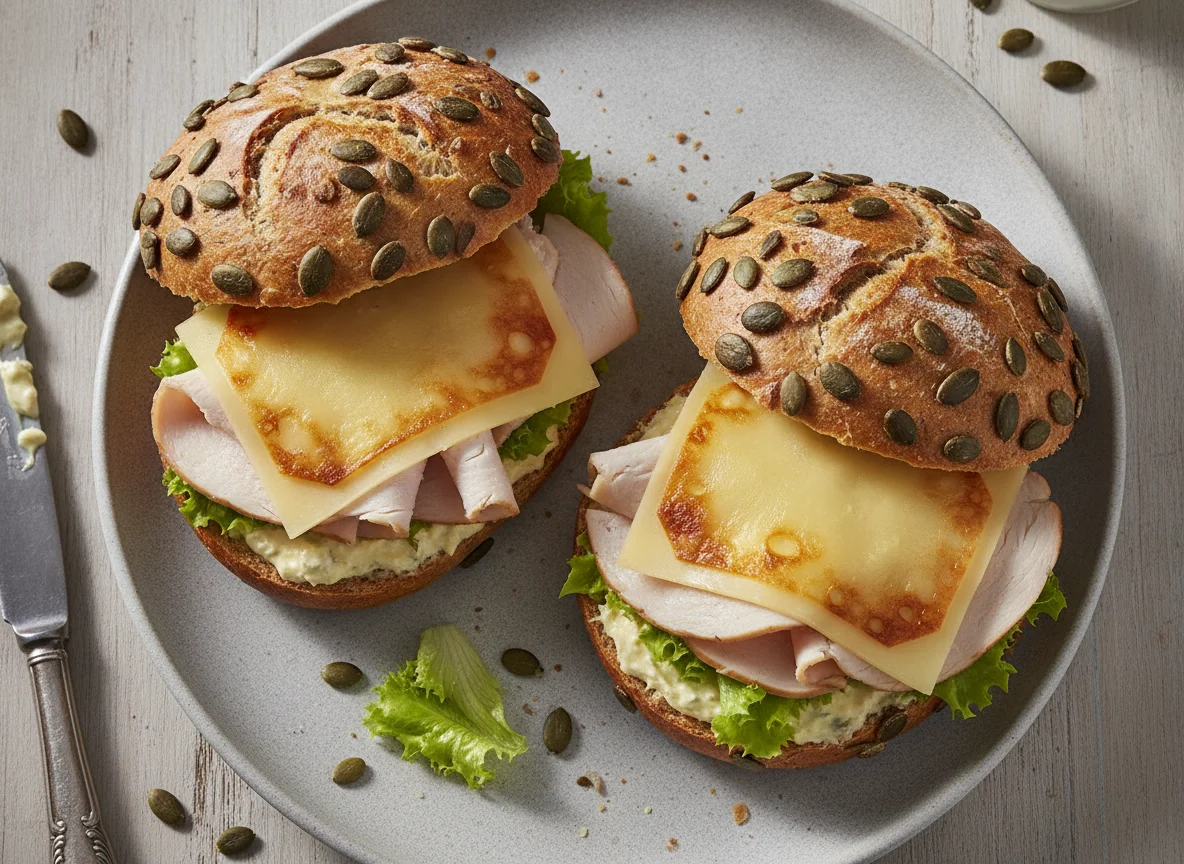 Kürbiskernbrötchen mit Putenbrust und Käse photo