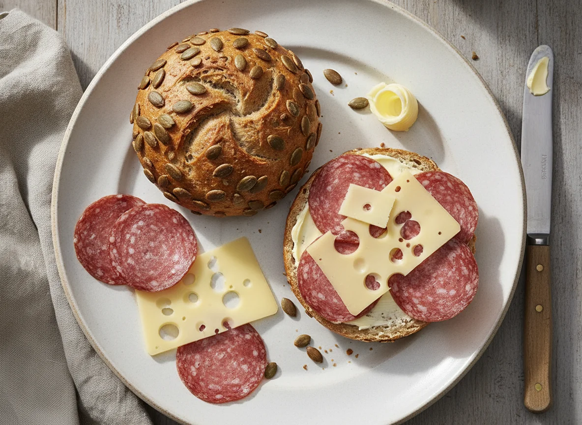 Kürbiskernbrötchen mit Salami und Käse photo