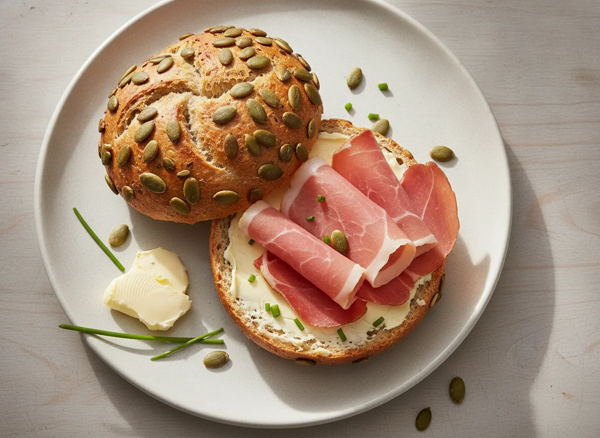 Kürbiskernbrötchen mit Schinken photo