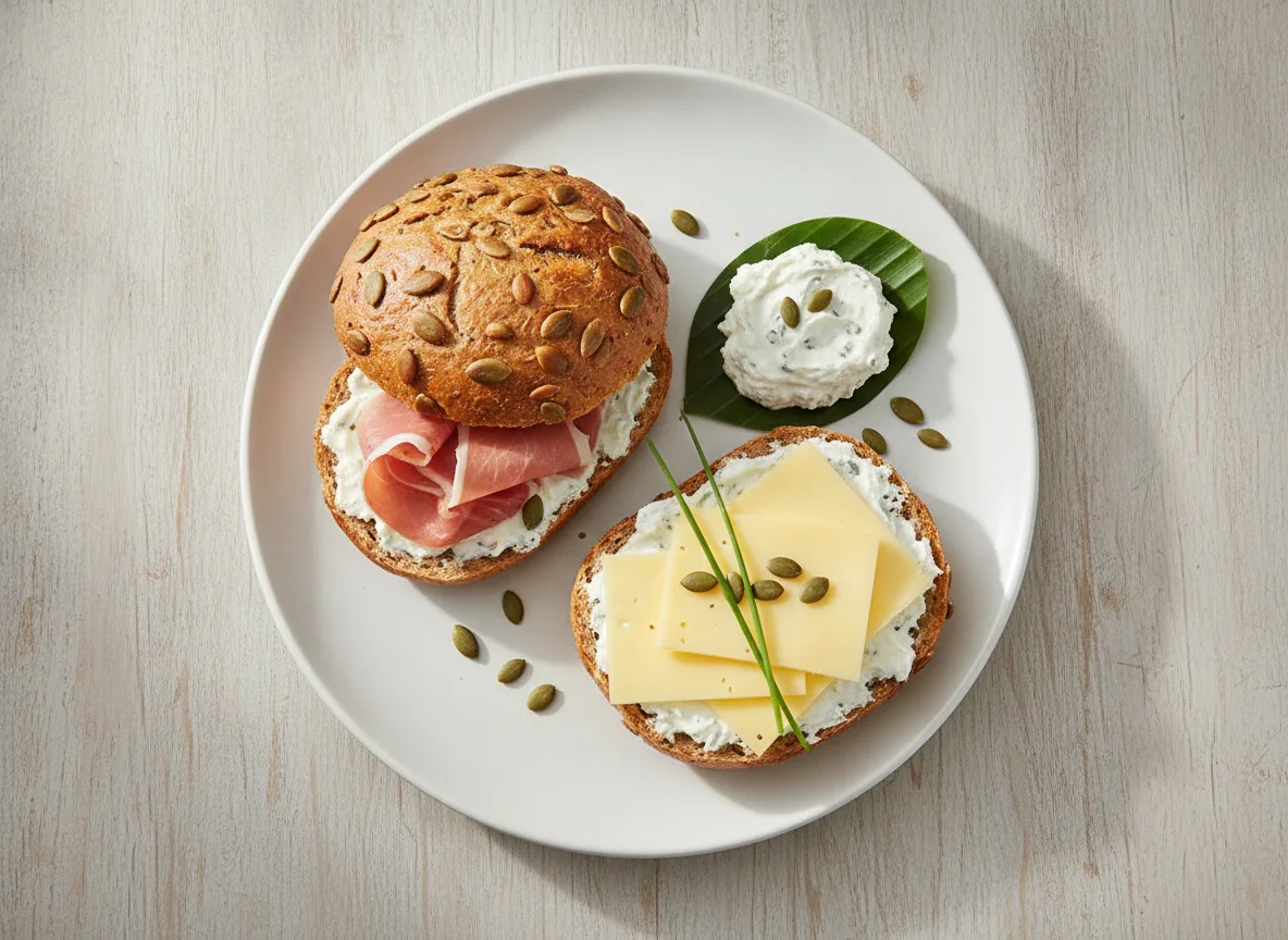 Kürbiskernbrötchen mit Schinken und Käse photo
