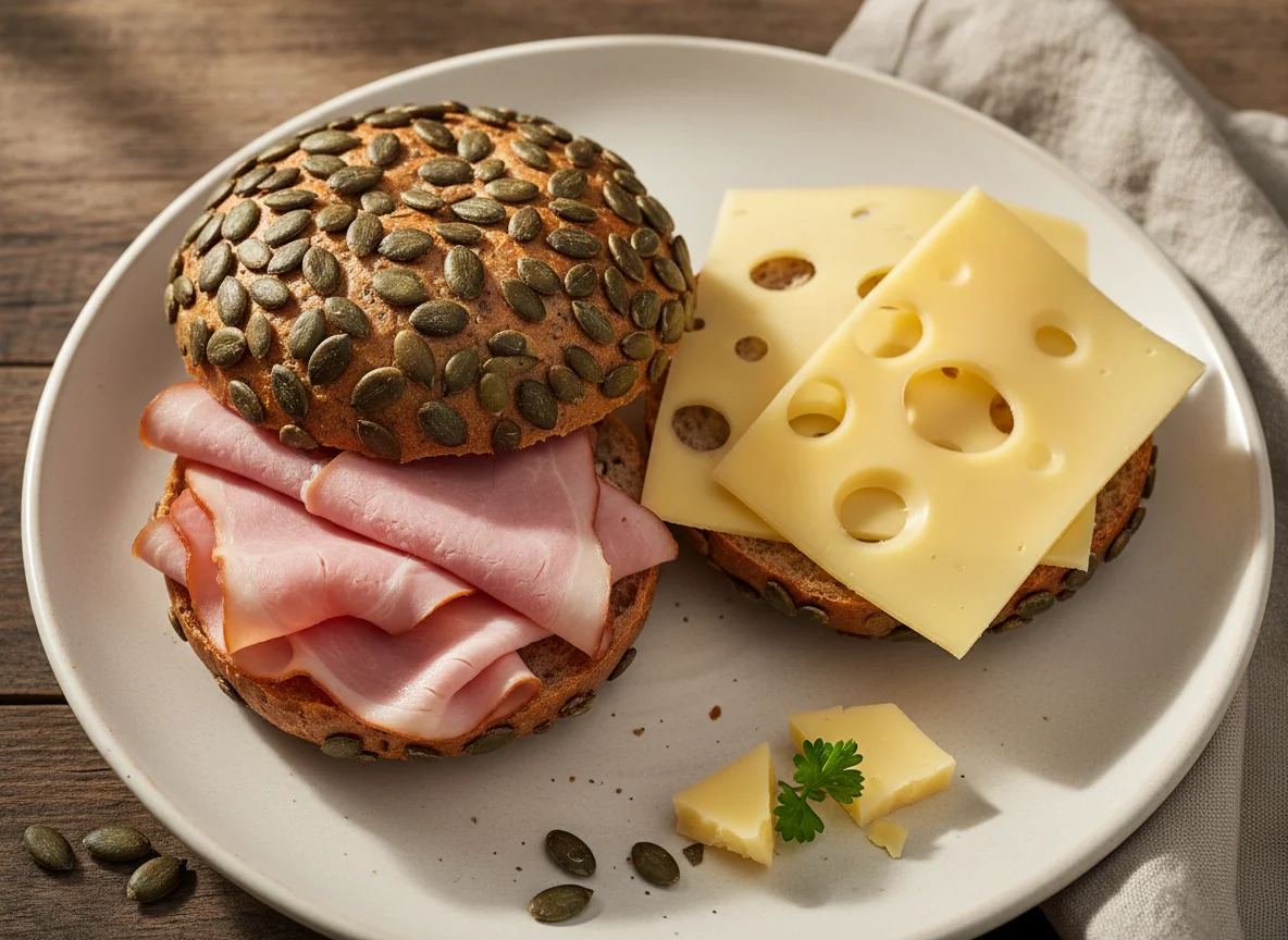 Kürbiskernweckerl mit Schinken und Käse photo