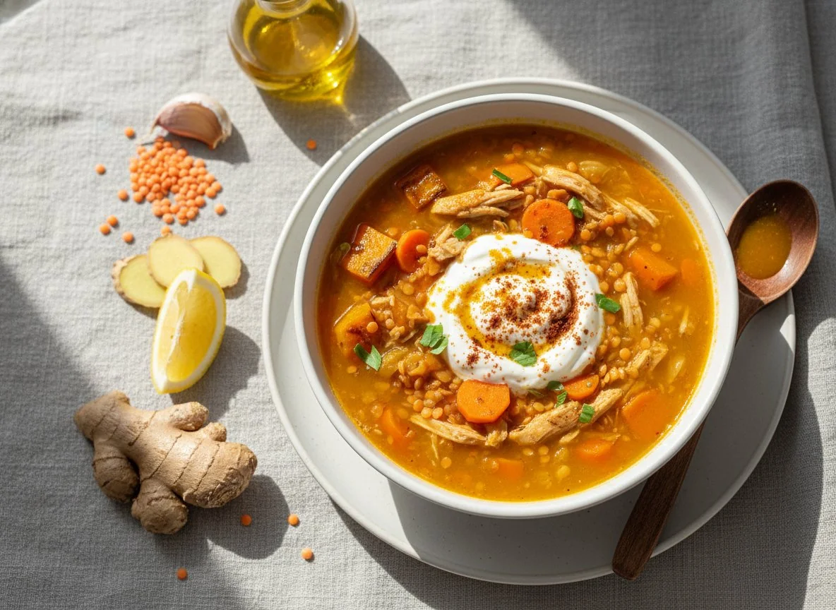Kürbis-Möhren-Linsensuppe mit Huhn & Skyr photo