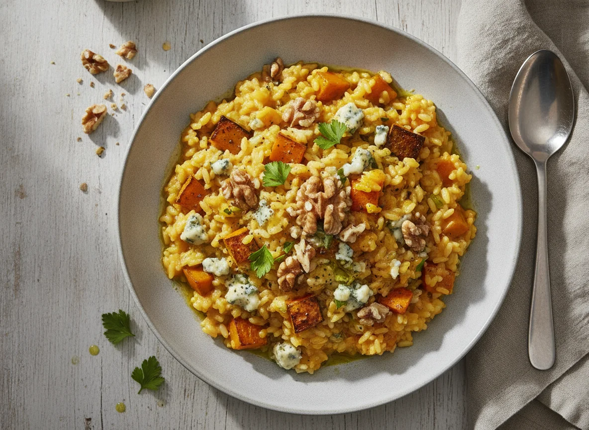 Kürbis-Risotto mit Blauschimmelkäse und Walnüssen photo