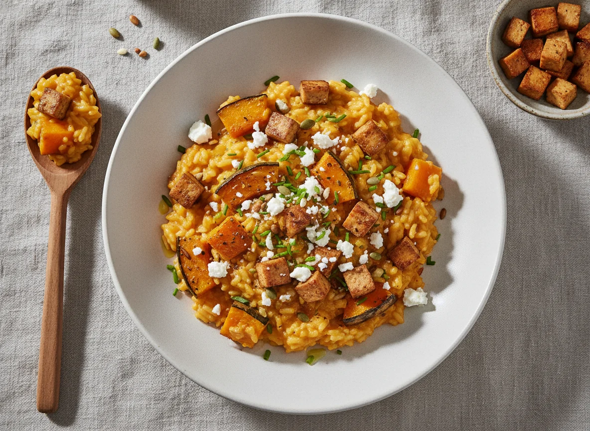 Kürbis-Risotto mit gebratenem Tofu photo