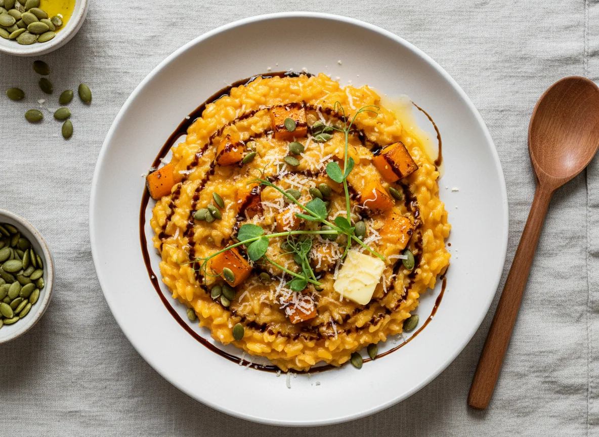 Kürbisrisotto mit Kürbiskernen und Balsamico-Glasur photo