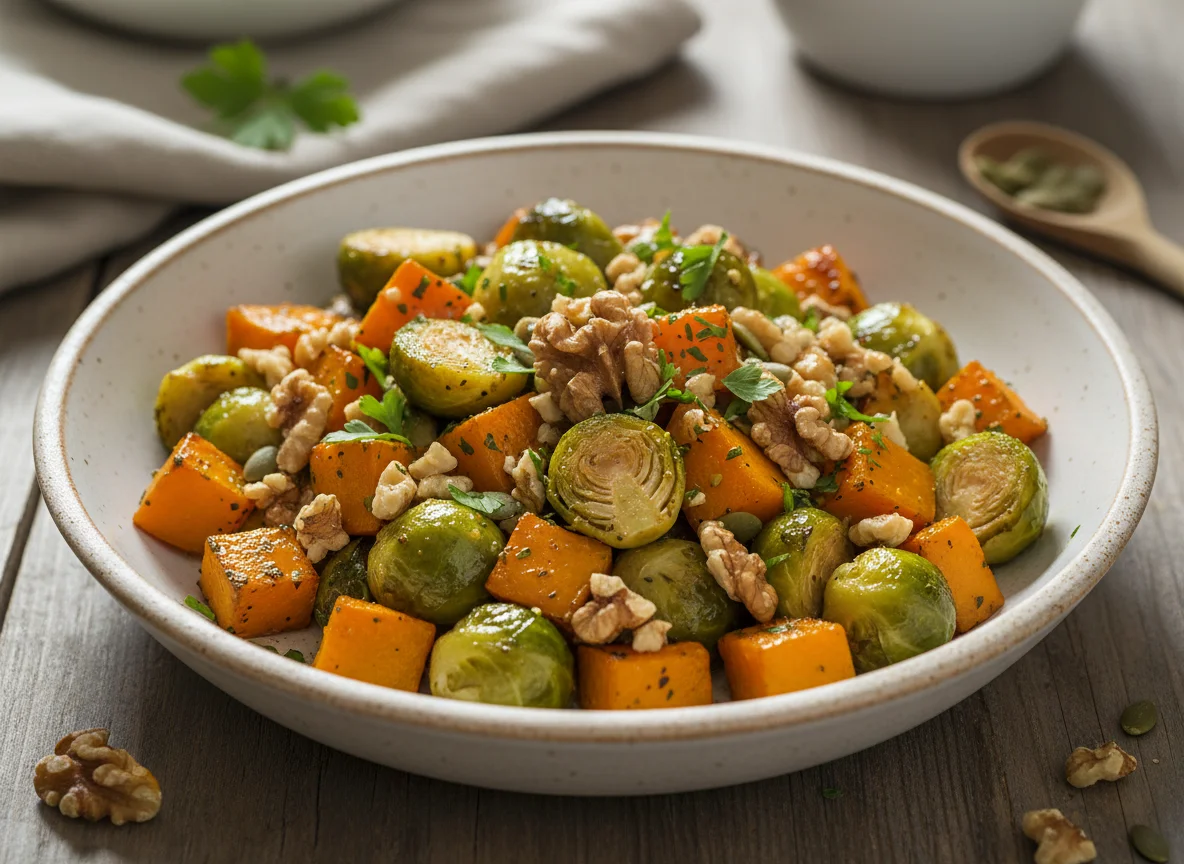 Kürbis-Rosenkohl-Pfanne mit Nüssen photo