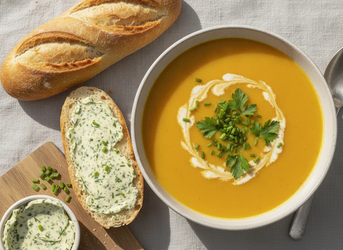 Kürbissuppe mit Baguette photo