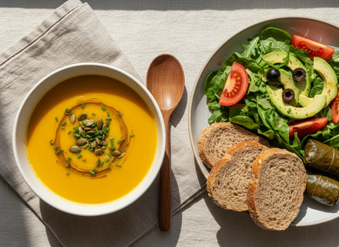 Kürbissuppe mit Beilagensalat und Brot photo