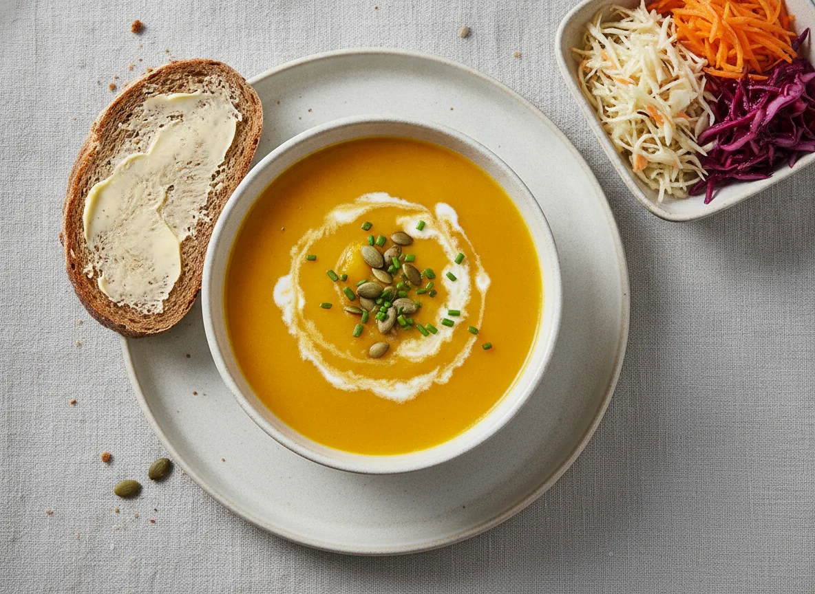 Kürbissuppe mit Brot und Krautsalat photo