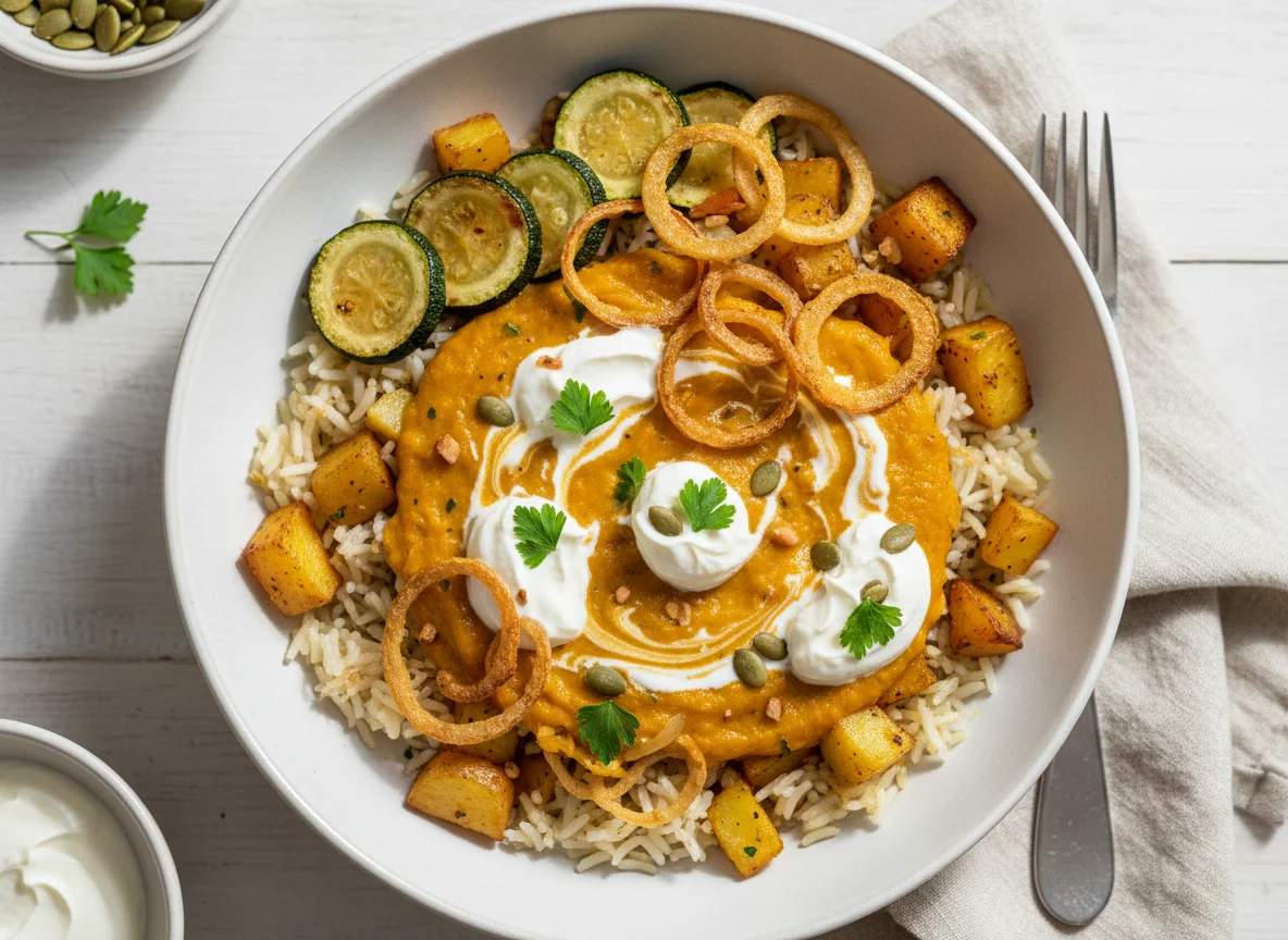 Kürbis-Zucchini-Kartoffel-Reis-Bowl photo