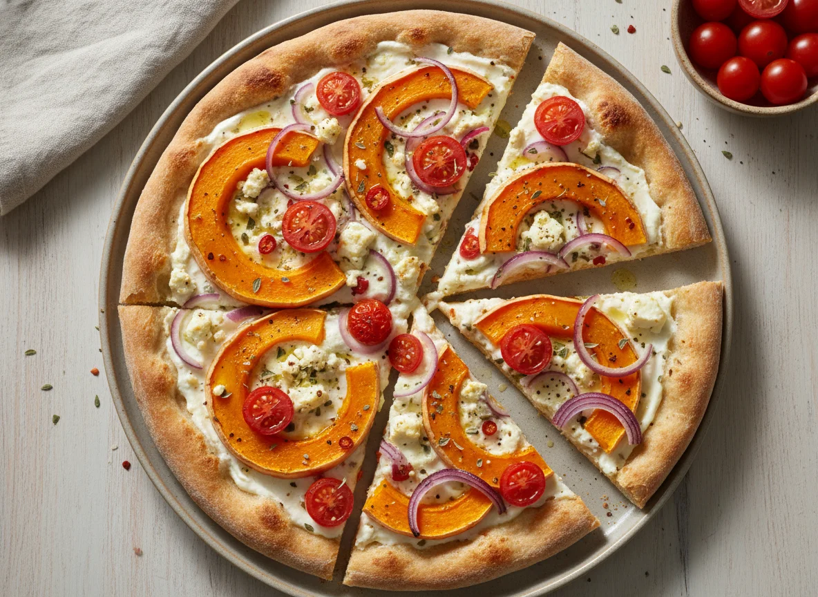 Kürbis-Zwiebel-Pizza mit Feta und Kirschtomaten photo