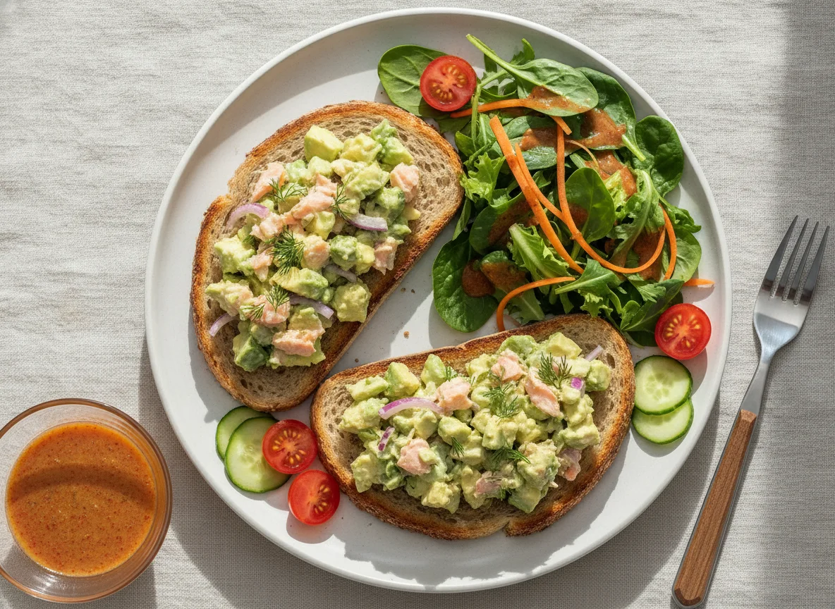 Lachs Avocado Toast mit Salat photo