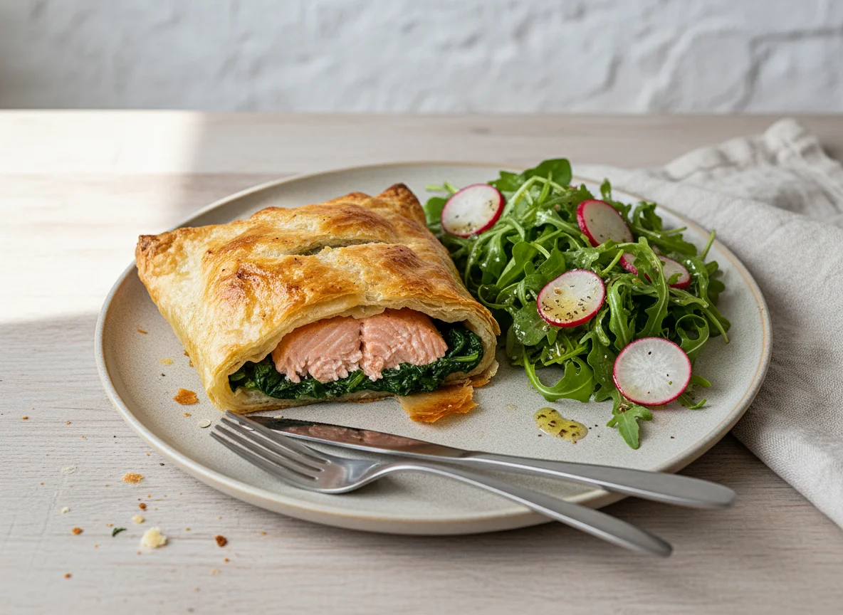 Lachs im Filoteig mit Spinat und Beilagensalat photo