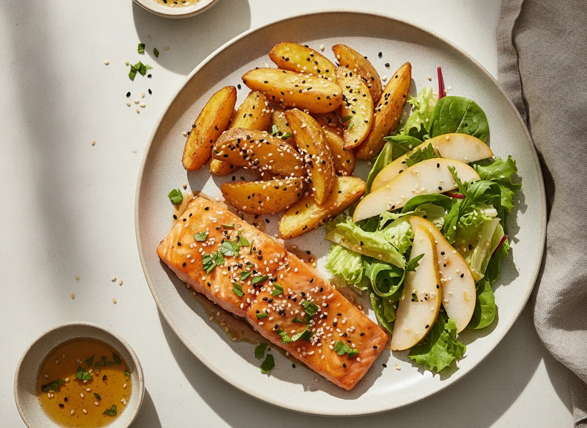 Lachs in Honig-Soja-Glasur mit Sesam-Kartoffeln und Birnensalat photo