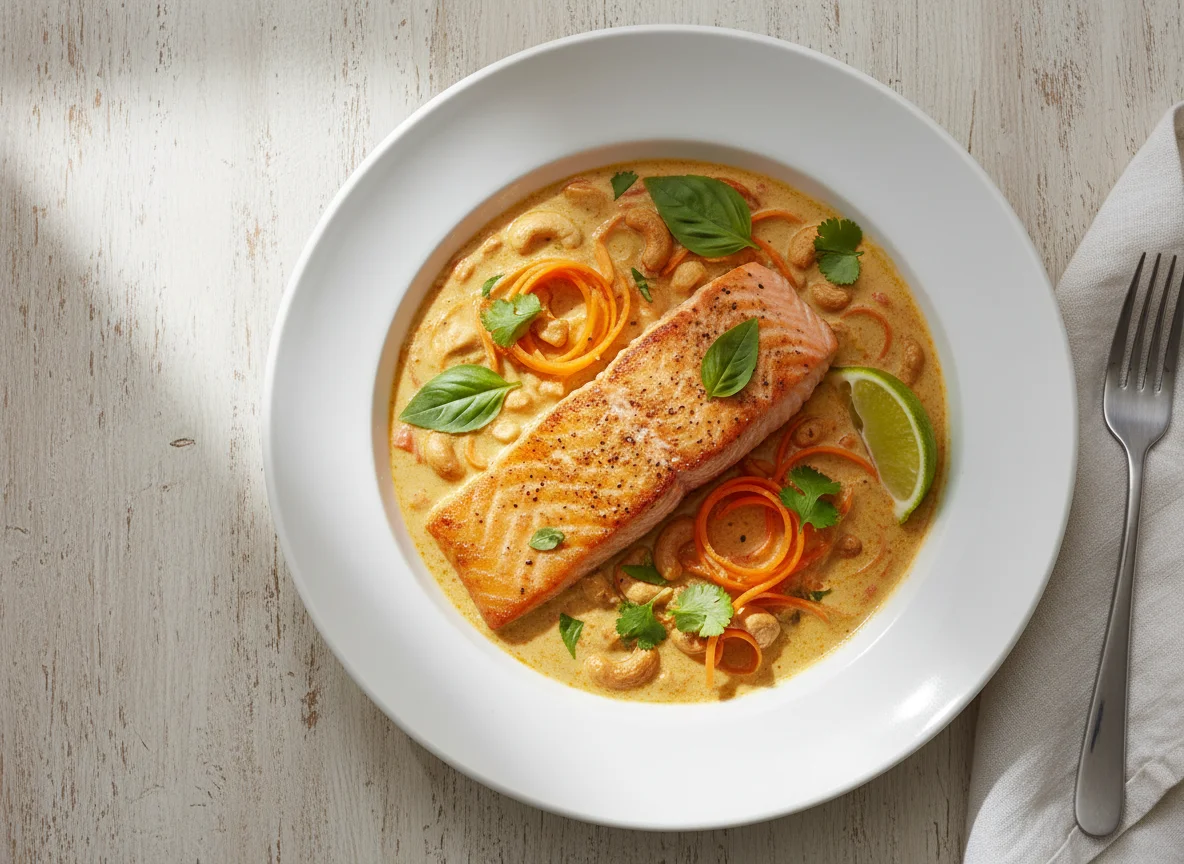 Lachs in Kokos-Curry-Sauce mit Cashewkernen photo