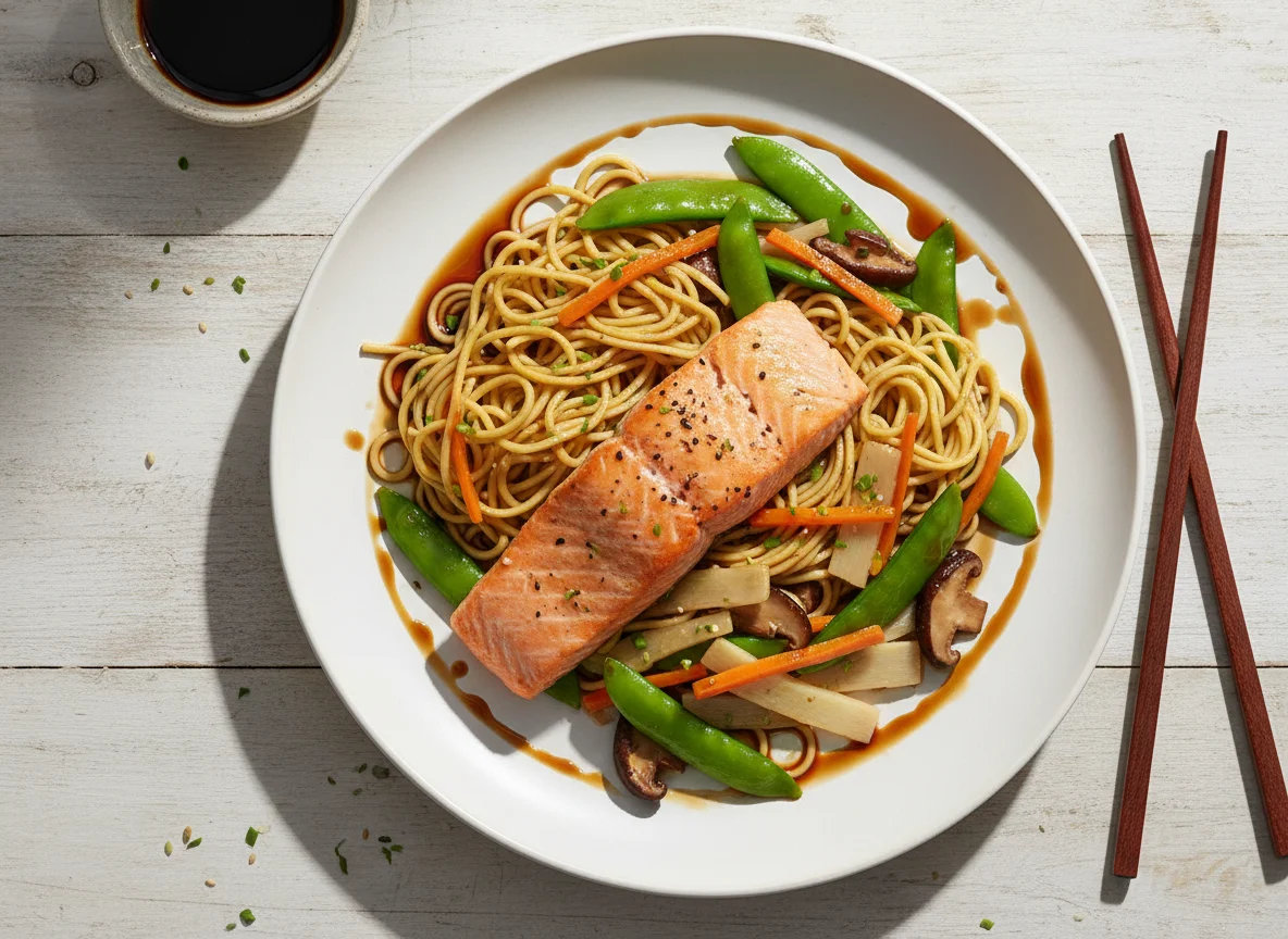 Lachs mit Asia-Nudeln und Gemüse photo