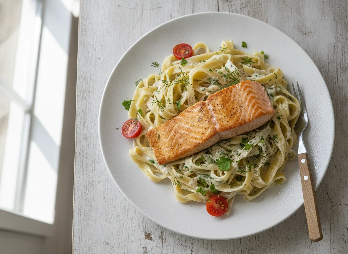Lachs mit Bandnudeln in Sahnesoße photo