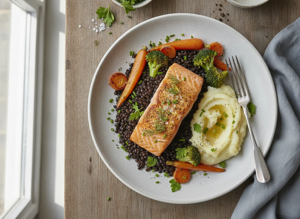 Lachs mit Belugalinsen und Gemüse photo