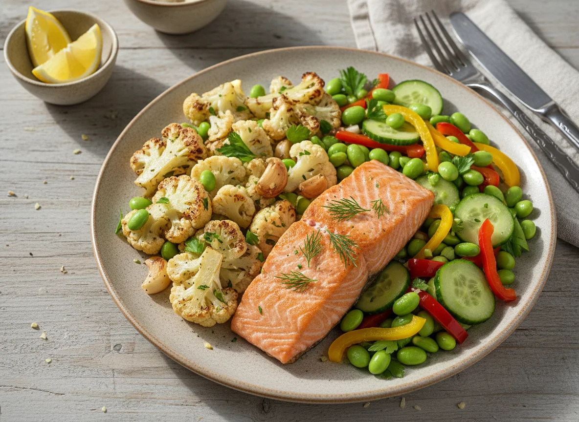 Lachs mit Blumenkohl, Edamame und Paprika-Gurken-Salat photo
