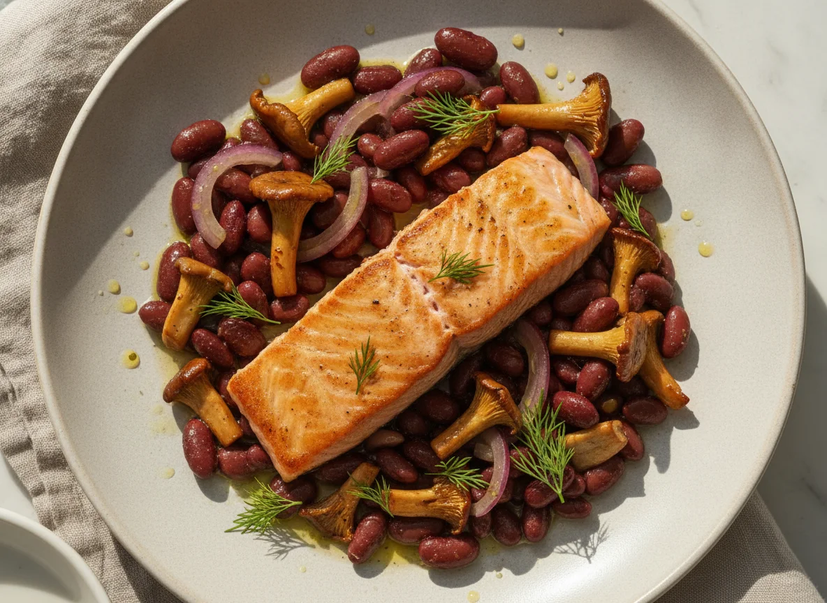 Lachs mit Bohnen-Pilz-Salat photo