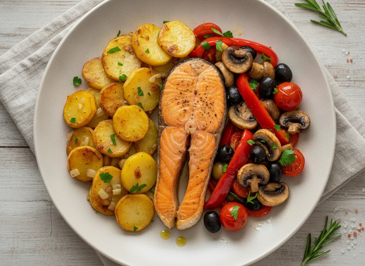 Lachs mit Bratkartoffeln und Gemüse photo