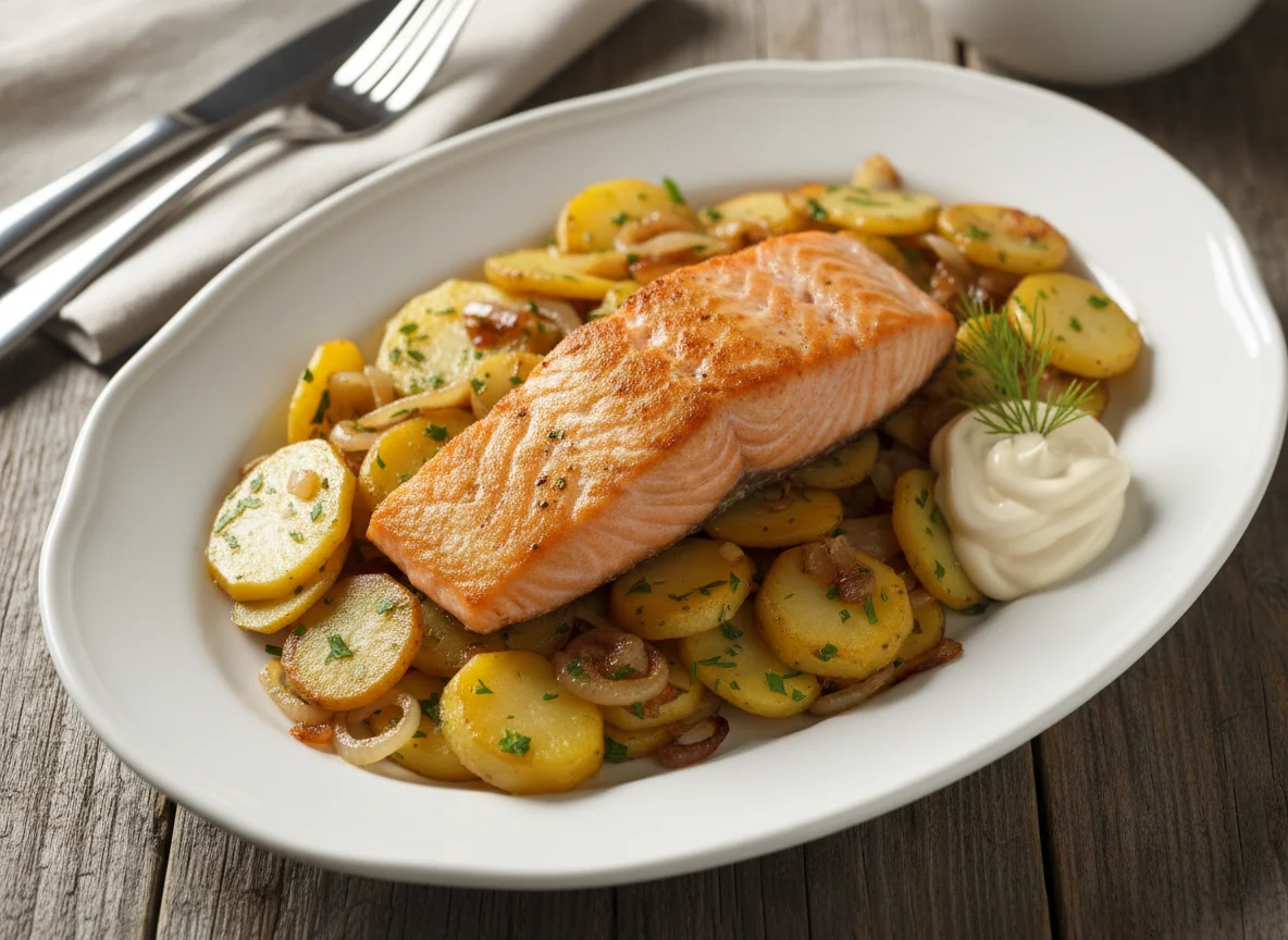 Lachs mit Bratkartoffeln und Sauce photo