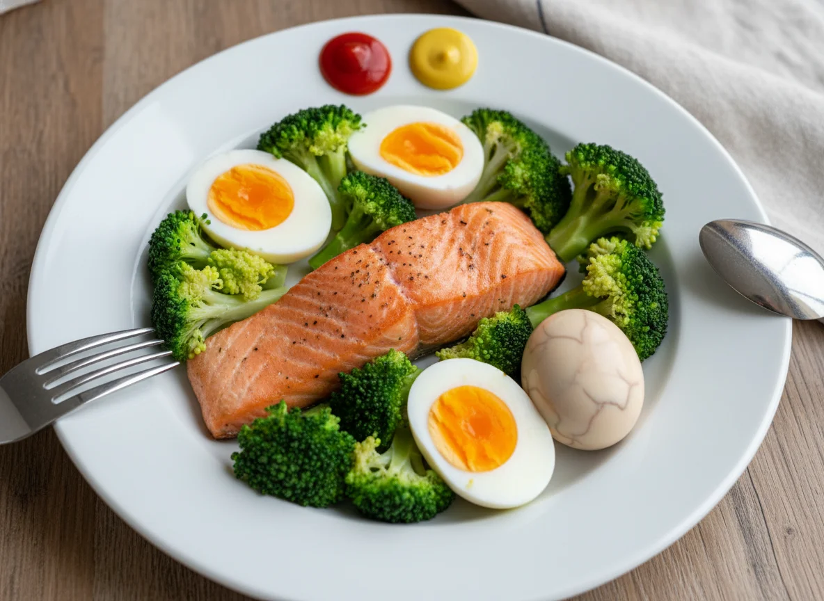 Lachs mit Brokkoli, Eiern und Saucen photo