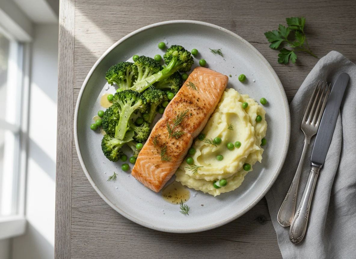 Lachs mit Brokkoli und Kartoffelpüree photo