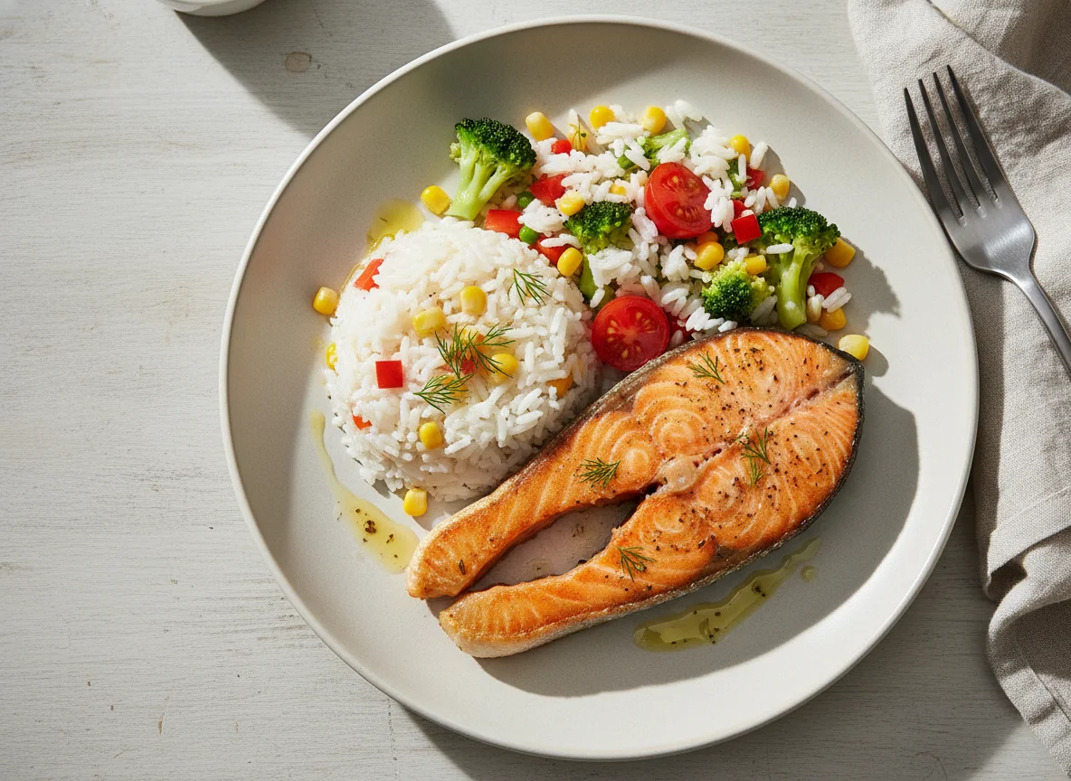 Lachs mit Brokkoli und Reisgemüse photo