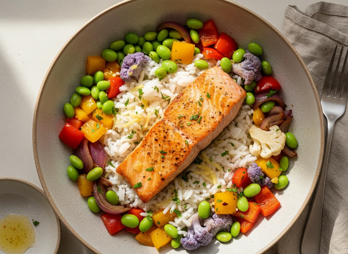Lachs mit Edamame-Gemüse-Reis-Bowl photo
