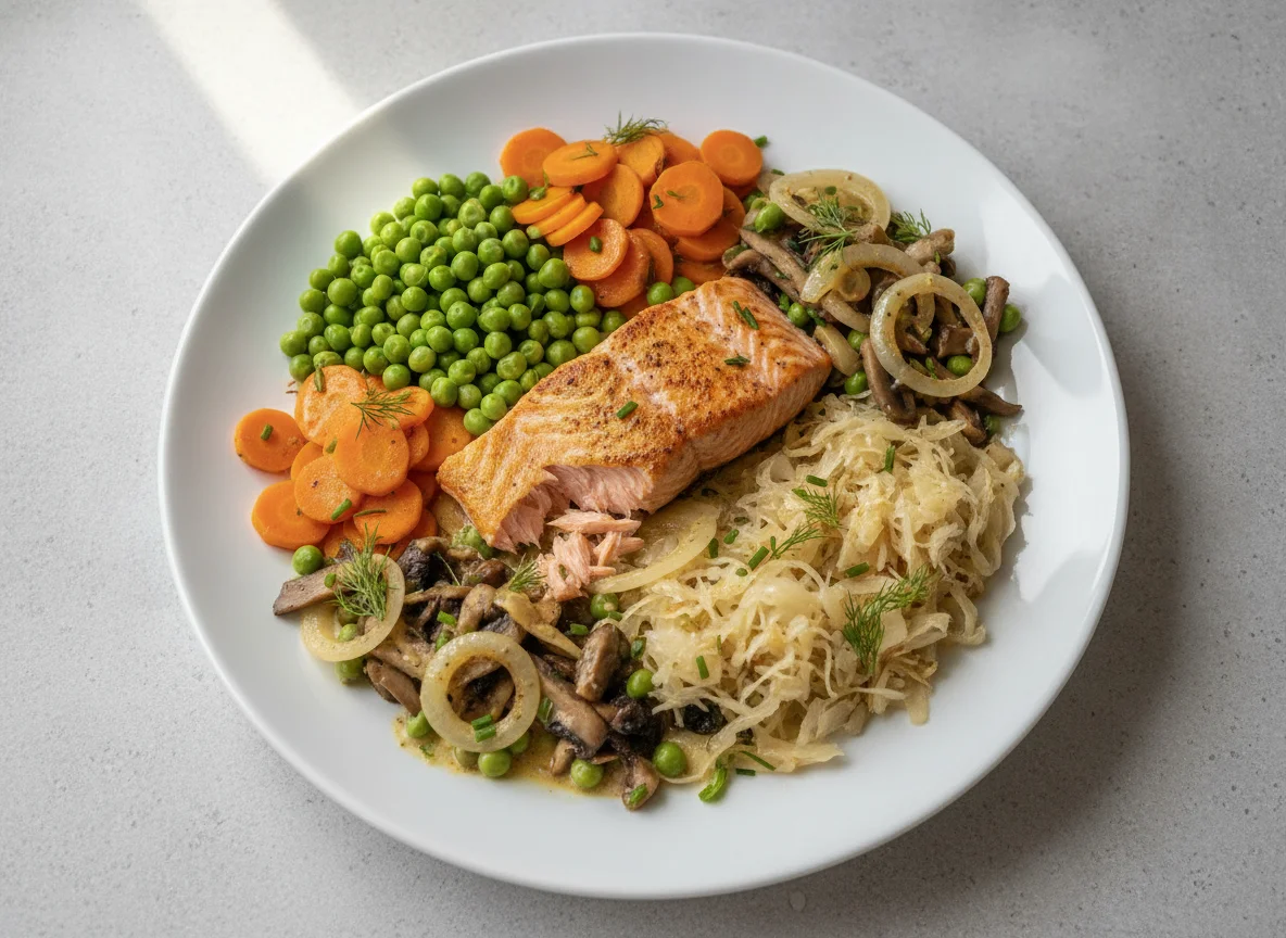 Lachs mit Erbsen, Karotten und Sauerkraut photo