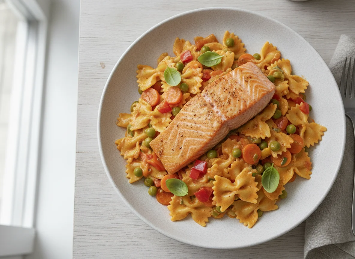 Lachs mit Farfalle und Gemüse photo