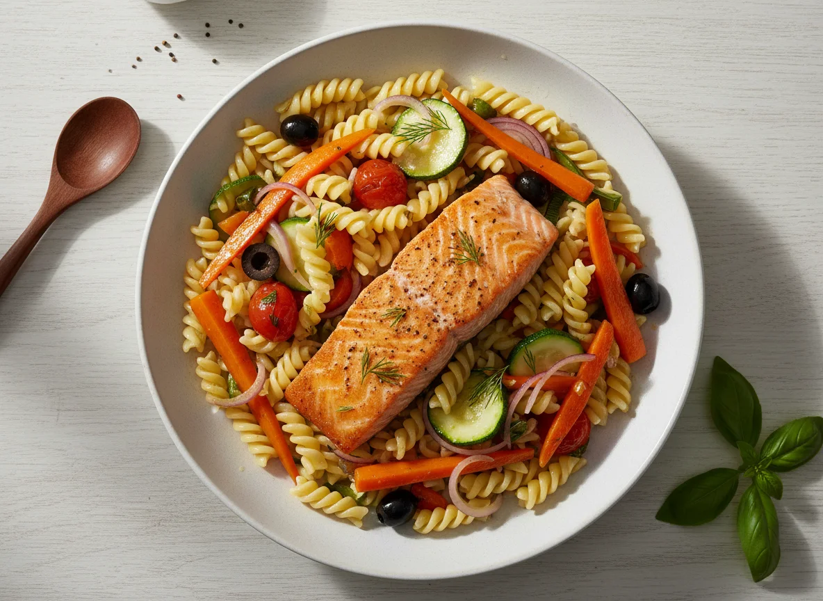 Lachs mit Fusilli und Gemüse photo