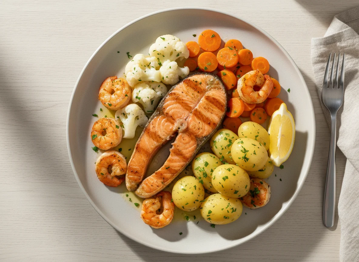 Lachs mit Garnelen, Kartoffeln und Gemüse photo