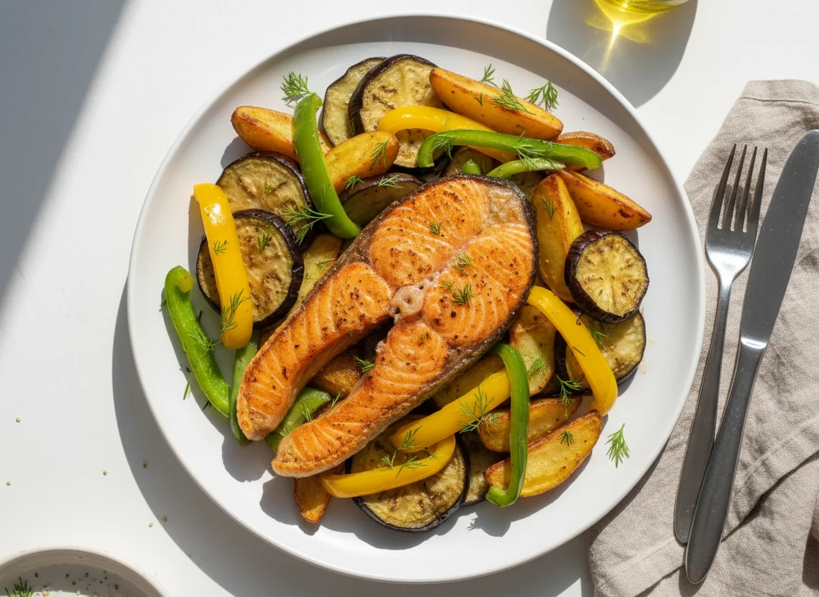 Lachs mit gebratenem Gemüse photo