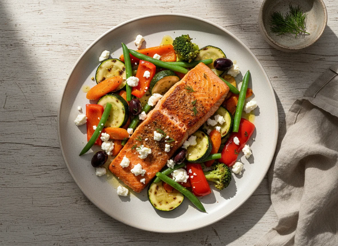 Lachs mit gebratenem Gemüse und Feta photo